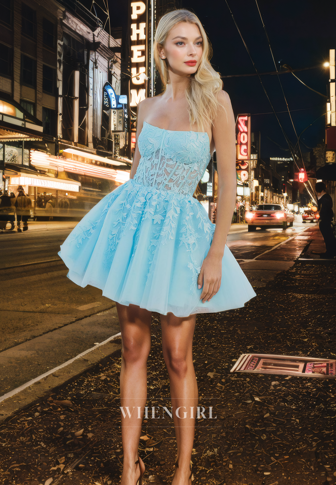 A - Line Strapless Sleeveless Appliques Tulle Back Zipper Homecoming Dress