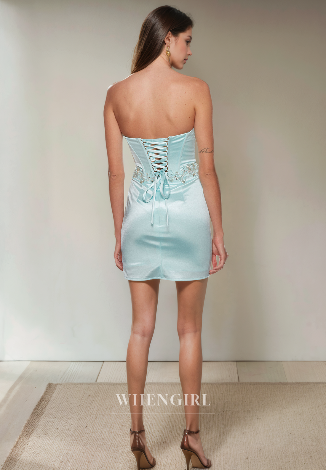 Sheath Strapless Sleeveless Beaded Lace Up Homecoming Dress