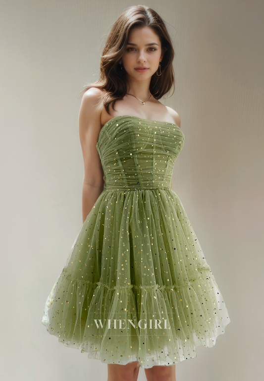 A-Line Strapless Sleeveless Pleated Detachable Straps Homecoming Dress
