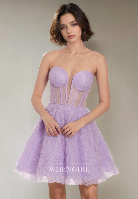 A-Line Strapless Sleeveless Pleated Tulle Criss Cross Straps Homecoming Dress