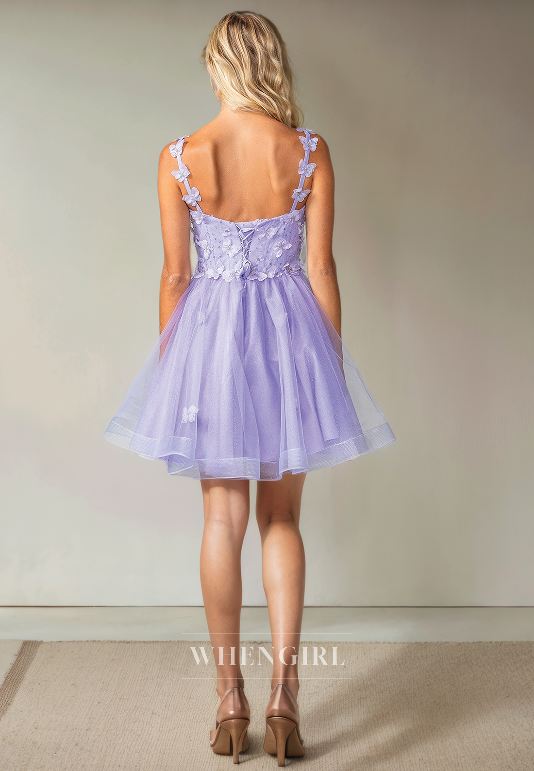 A-Line V Neck Straps Sleeveless Appliques Tulle Back Zipper Homecoming Dress