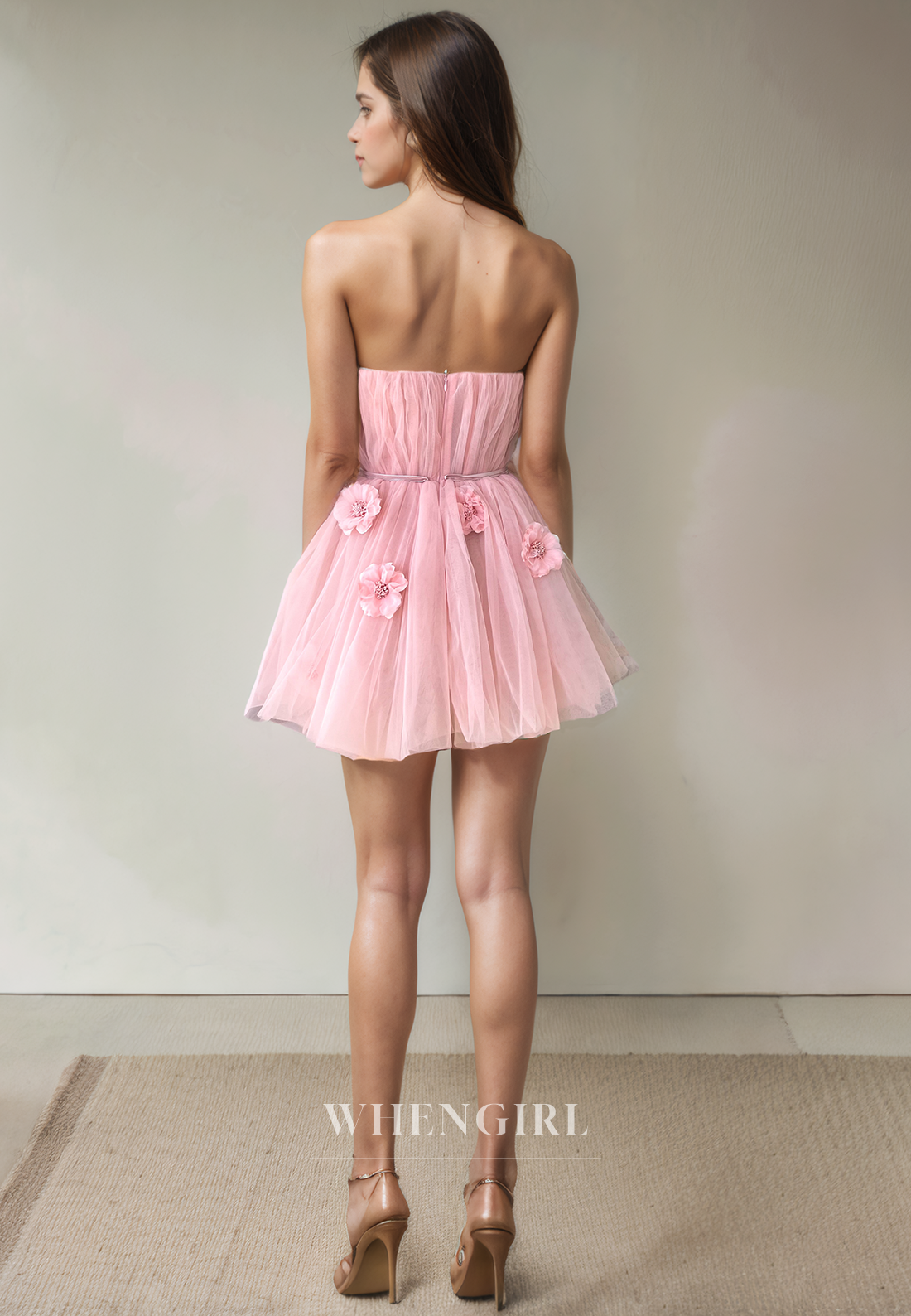 A-Line Strapless Sleeveless Pleated Back Zipper Homecoming Dress with Flowers