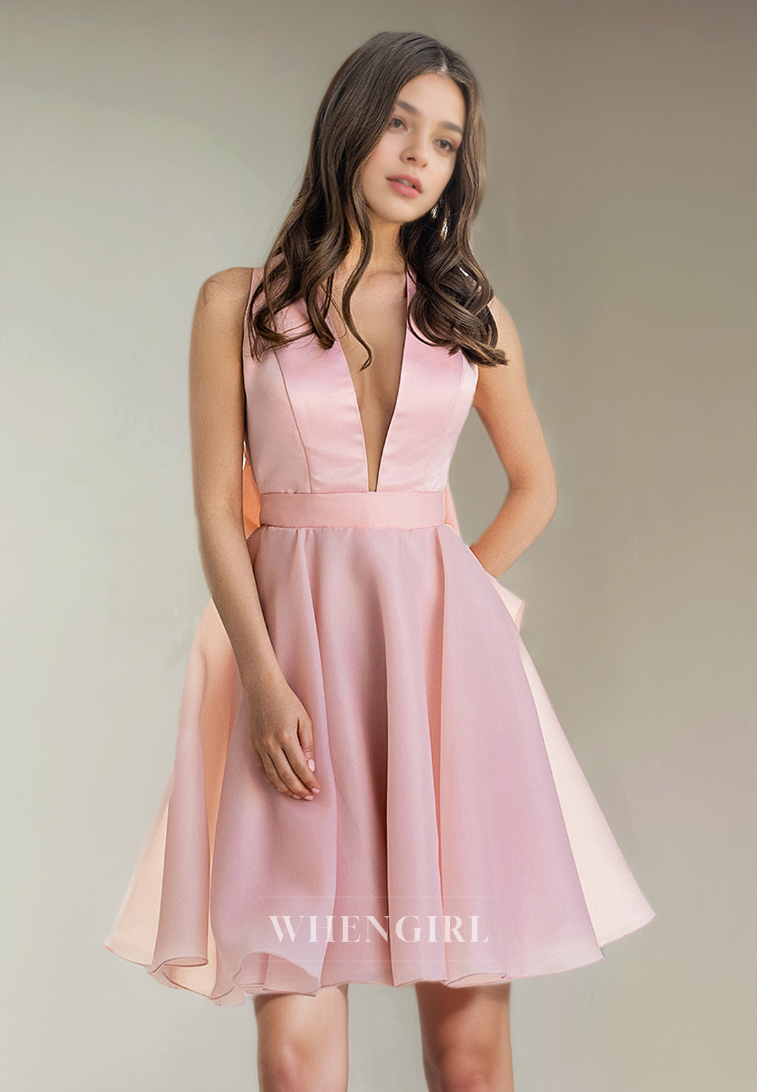 A-Line V Neck Straps Sleeveless Open Back Homecoming Dress with Bow Kn WhenGirl A-Line V Neck Straps Sleeveless Open Back Homecoming Dress with Bow Kn WhenGirl