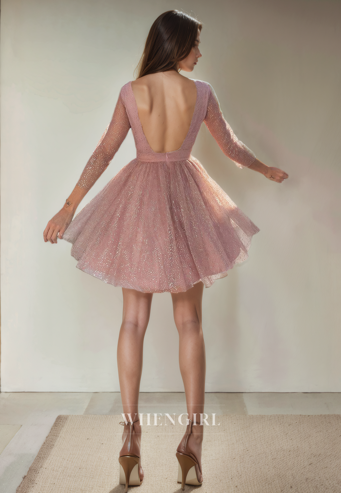 Glitter A-Line Scoop Neck 34 Length Sleeves Open Back Homecoming Dress
