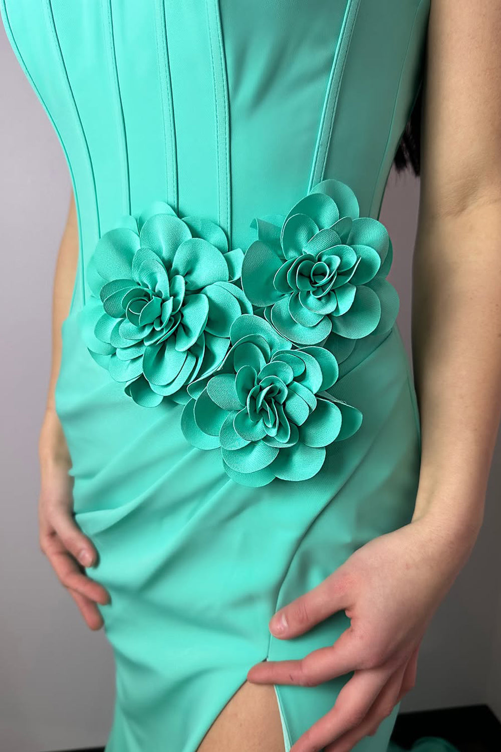 Mermaid Strapless Mint Satin Long Prom Dresses with Slit