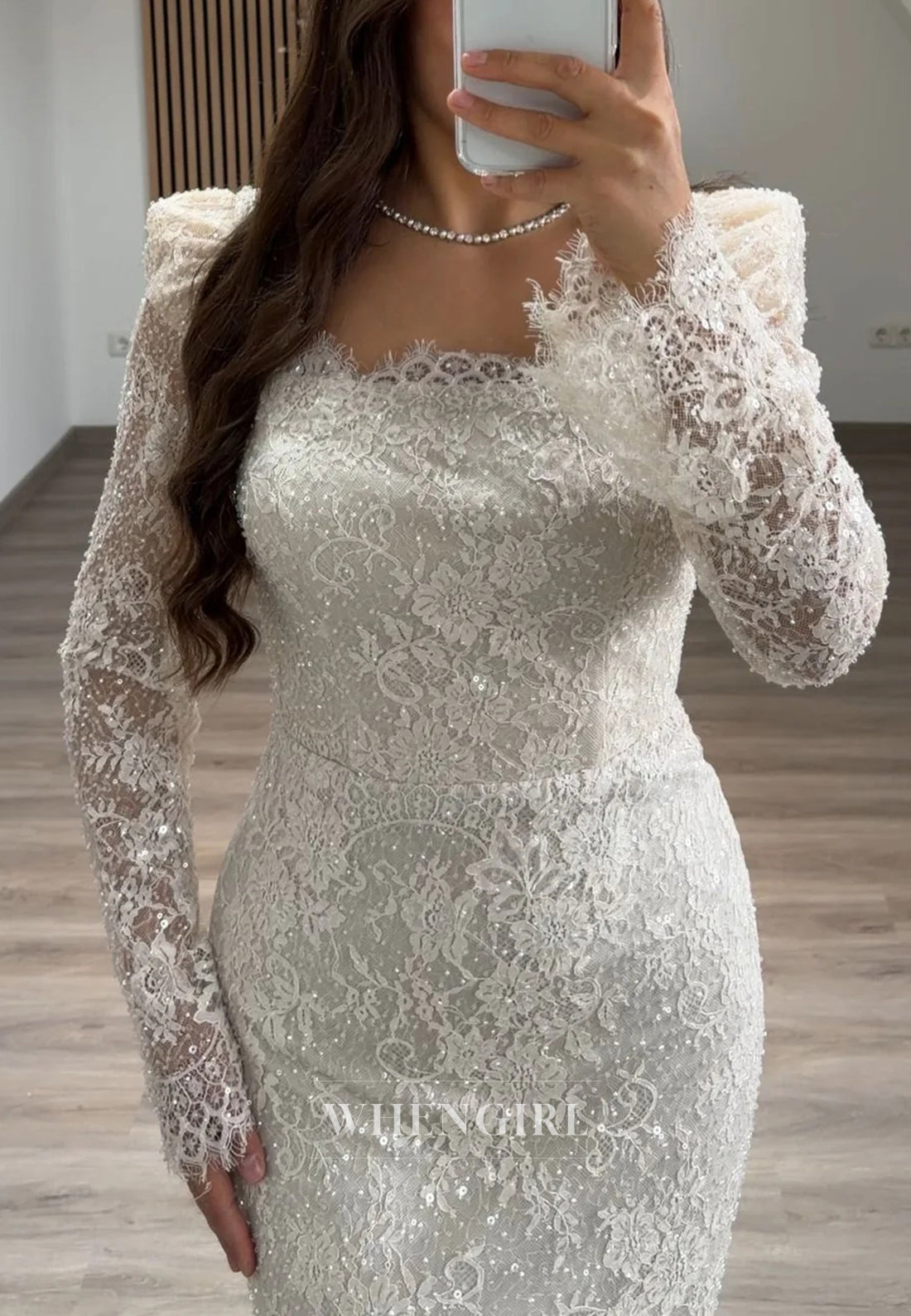 Mermaid Beaded Square Neck Long Sleeves Beaded Lace Evening Formal Dress