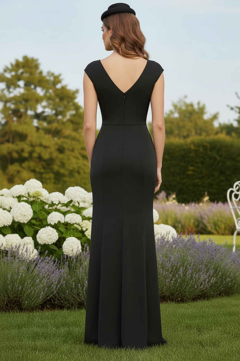 Black Bateau Neck Cap Sleeves Beading Sheath Mother of the Bride Dress