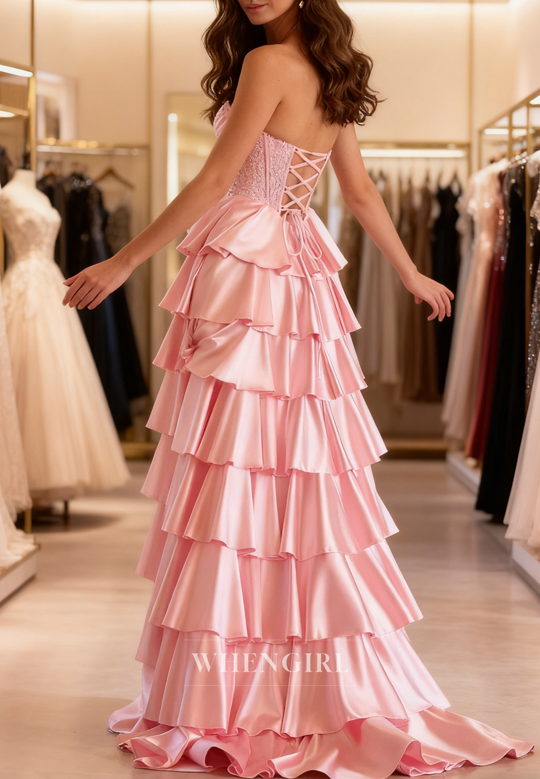 Pink Sweetheart Sleeveless Side Slit Multi Tired Ruffles Lace Up Prom Dress