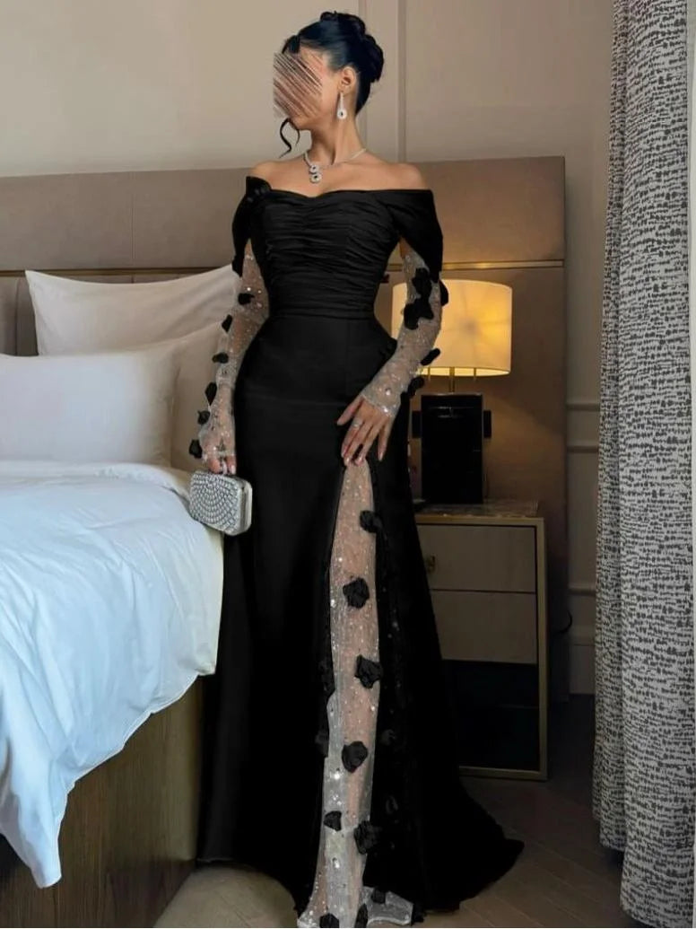 Off-Shoulder Long Sleeves Sheath High Slit Floral Ruched Satin Prom Dress with Beads Party Dress
