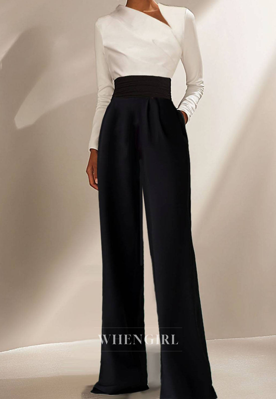 Causal Work Business Jumpsuit Empire Waist Satin Wide-Leg Black Jumpsuit