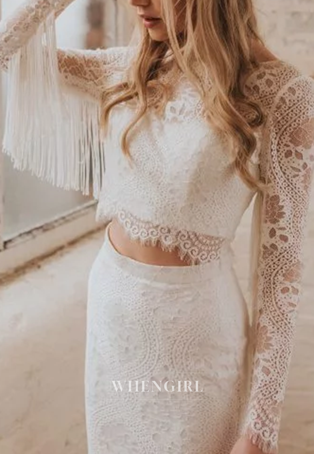 Mermaid Lace Long Sleeves Bateau Neck Two Pieces Sweep Train Wedding Dress