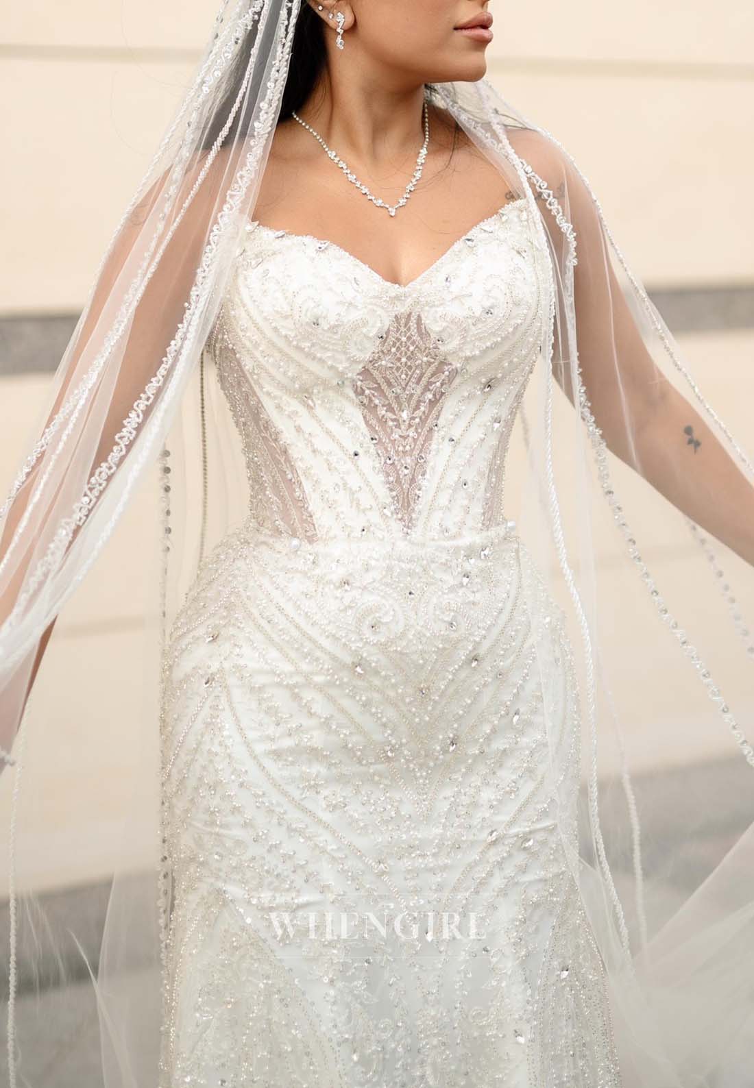 V Neck Pearls Beading Sleeveless Removable Train Long Wedding Dress