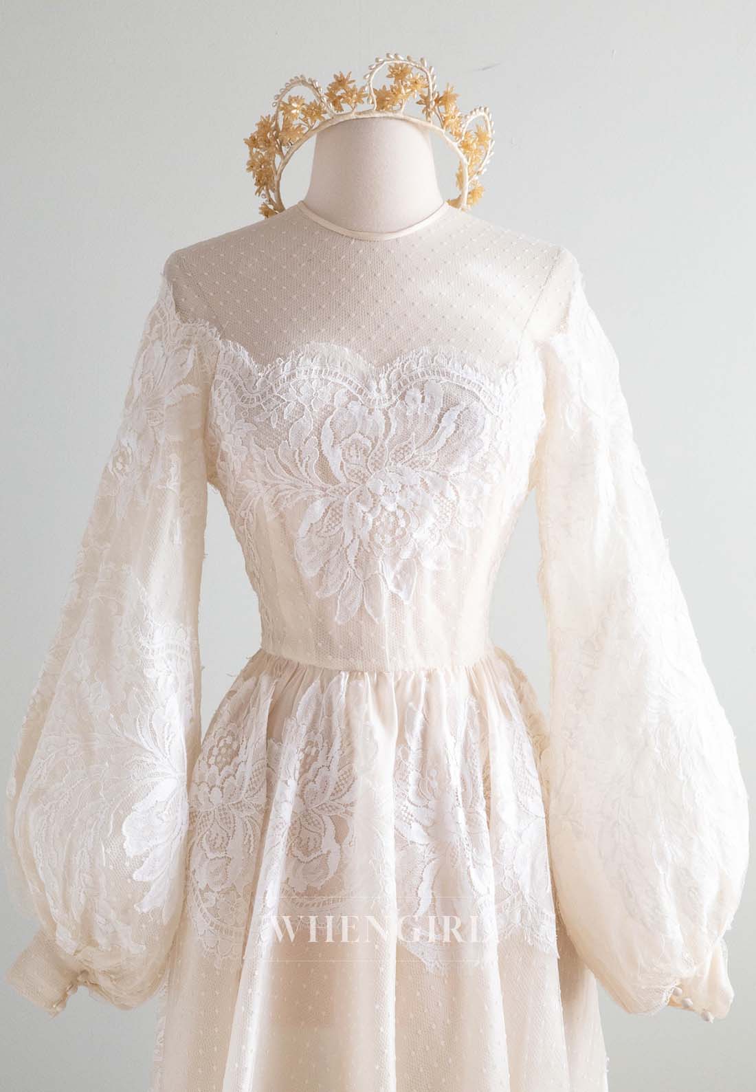 A-Line Illusion Neck Long Puff Sleeves Appliqued Lace Vintage Wedding Dress