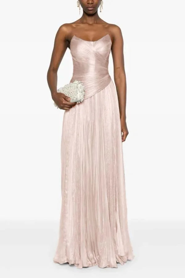 Chic Strapless Sleeveless Long Prom Dress With Ruffles Pleated