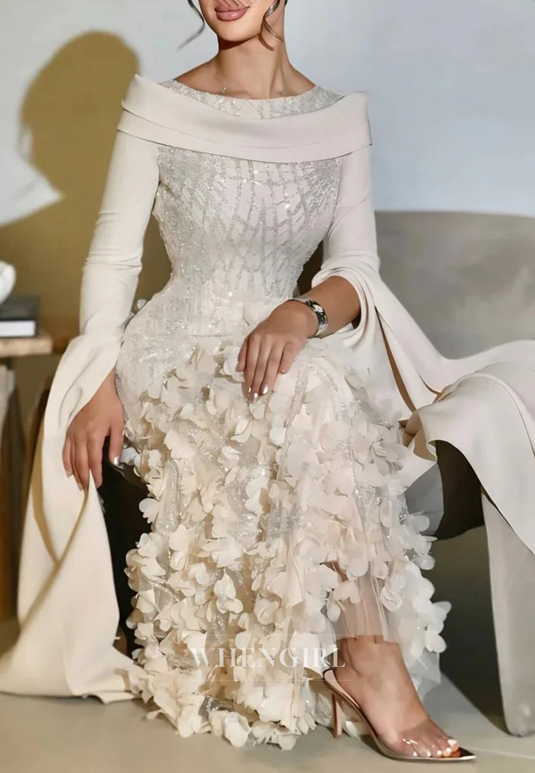 Column Bateau Neck Long Sleeves Floral Beaded Evening Formal Dress