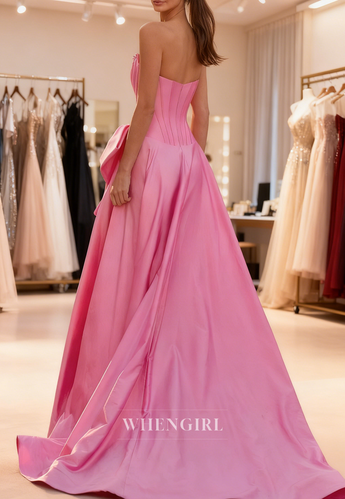 Candy Pink Strapless Beaded Bowknot Side Slit Sweep Train A-Line Prom Dress
