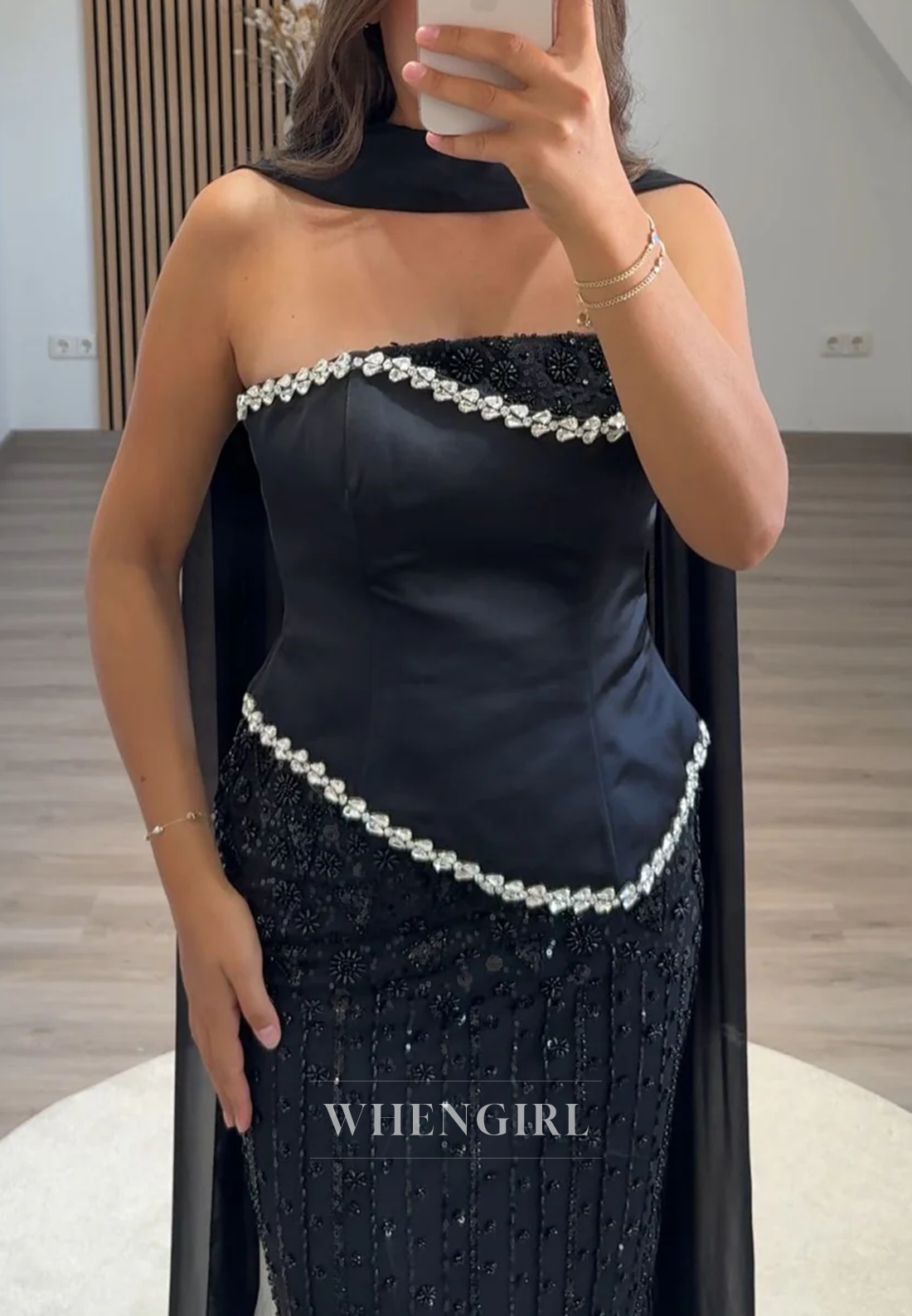 Sheath Strapless Sleeveless Rhinestones Beading Long Evening Formal Gown with Scarf