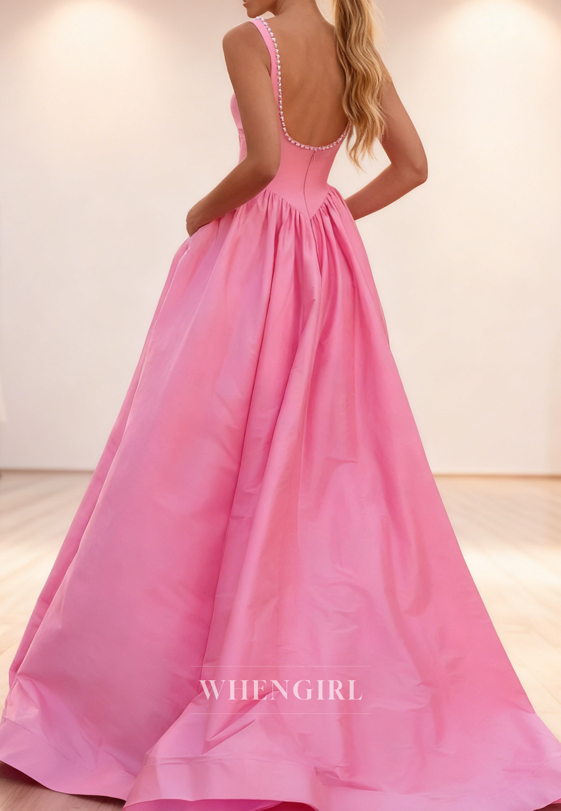 Pink A-Line Square Neck Regular Straps Sleeveless Side Slit Prom Dress