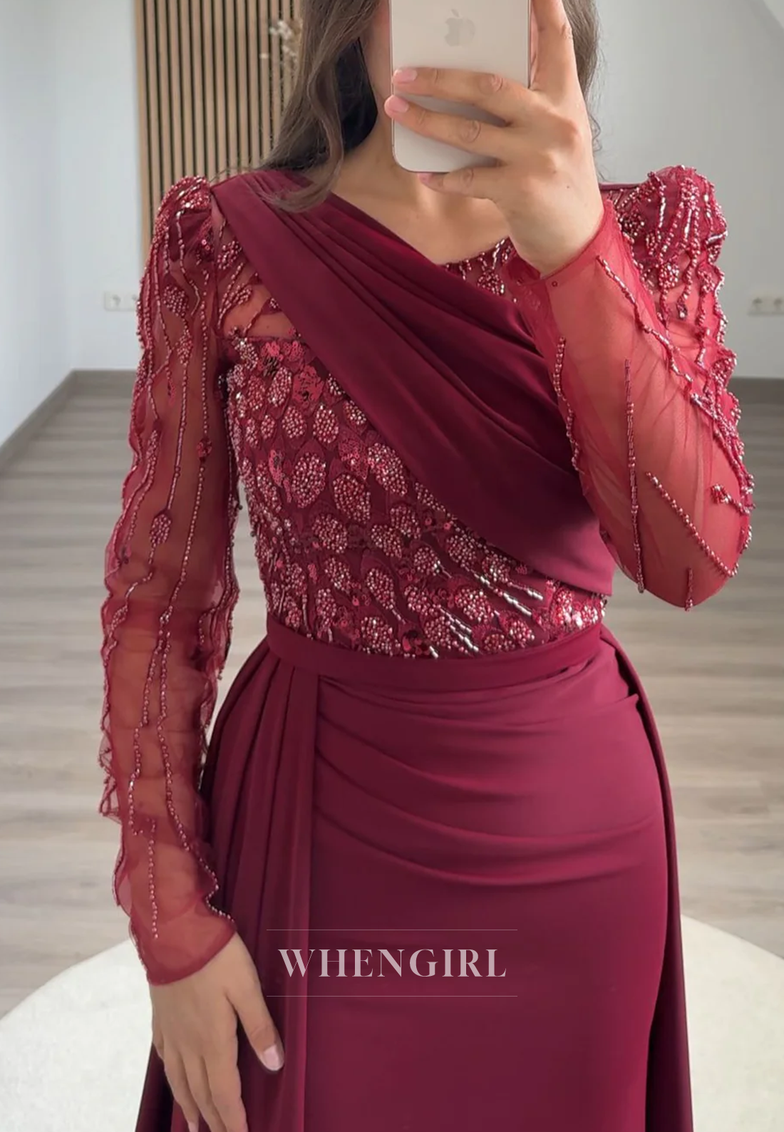 V Neck Pleated Long Sleeves Beaded Sheath Formal Evening Gown with Sweep Train