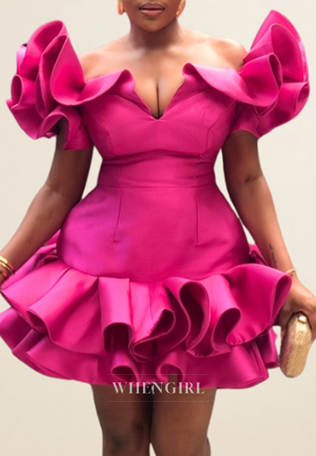 V Neck Off Shoulder Ruffles Sheath Sleeveless Homecoming Dress