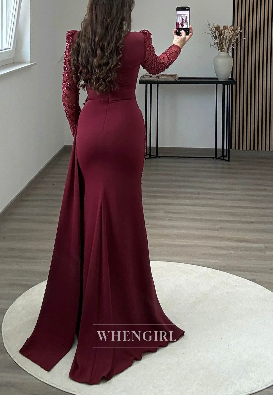 Sheath Asymmetrical Neck Long Sleeves Beaded Side Train Long Formal Evening Gown