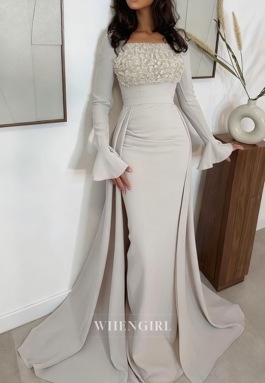 Gray Square Neck Long Sleeves Sheath Beaded Evening Formal Dress with Train