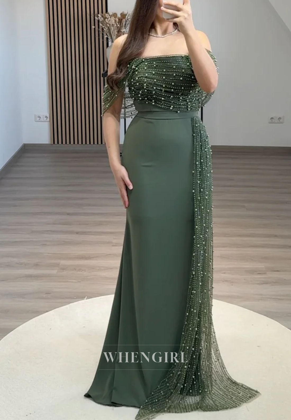 Off Shoudler Pearls Beaded Sheath Back Zipper Sleeveless Long Evening Formal Gown