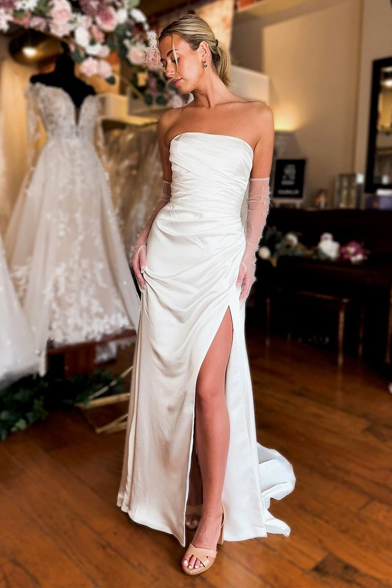 Mermaid Strapless White Satin Wedding Dresses with Slit