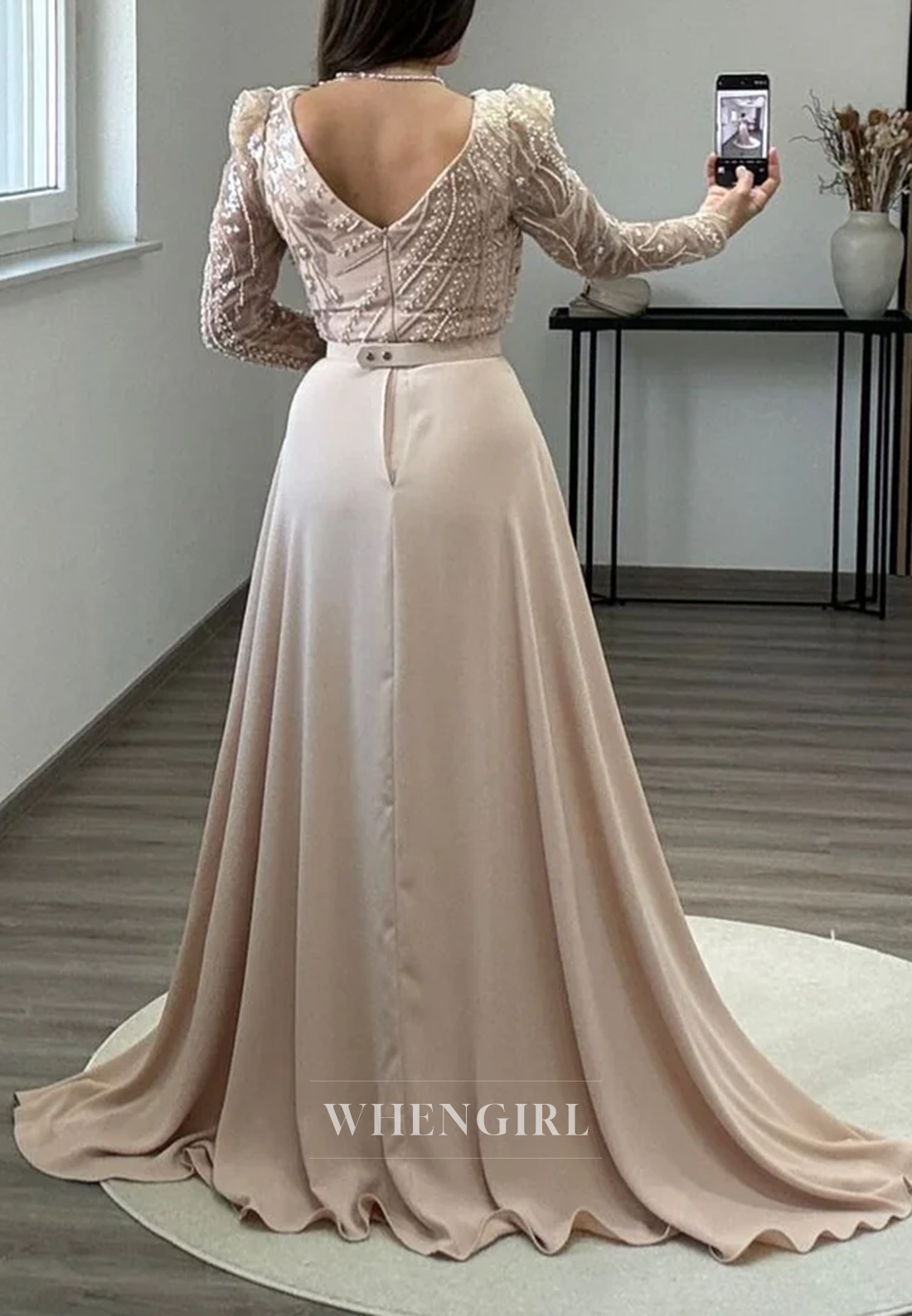 Asymmetrical Neck Long Beaded Sleeves Sheath Side Slit Sweep Train Formal Evening Dress