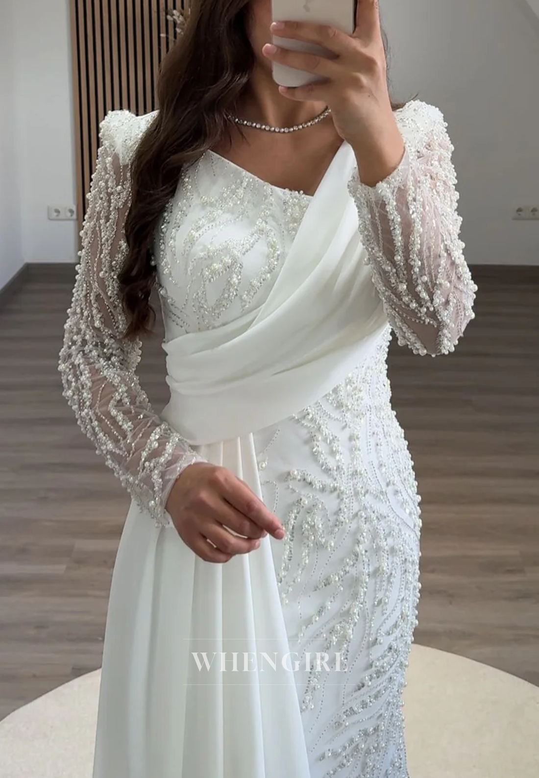 Sheath Asymmetrical Neck Long Sleeves Beaded Side Train Long Formal Evening Gown