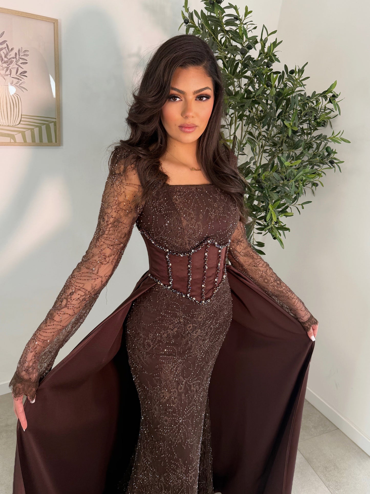 Brown Trumpet Long Sleeves Lace Formal Dress with Overskirt