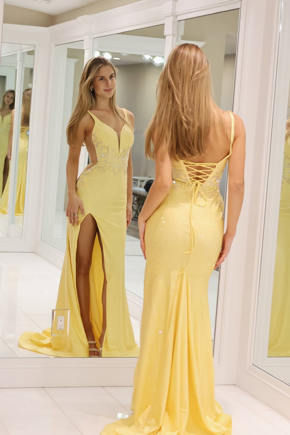 Mermaid V Neck Yellow Satin Long Prom Dresses with Slit