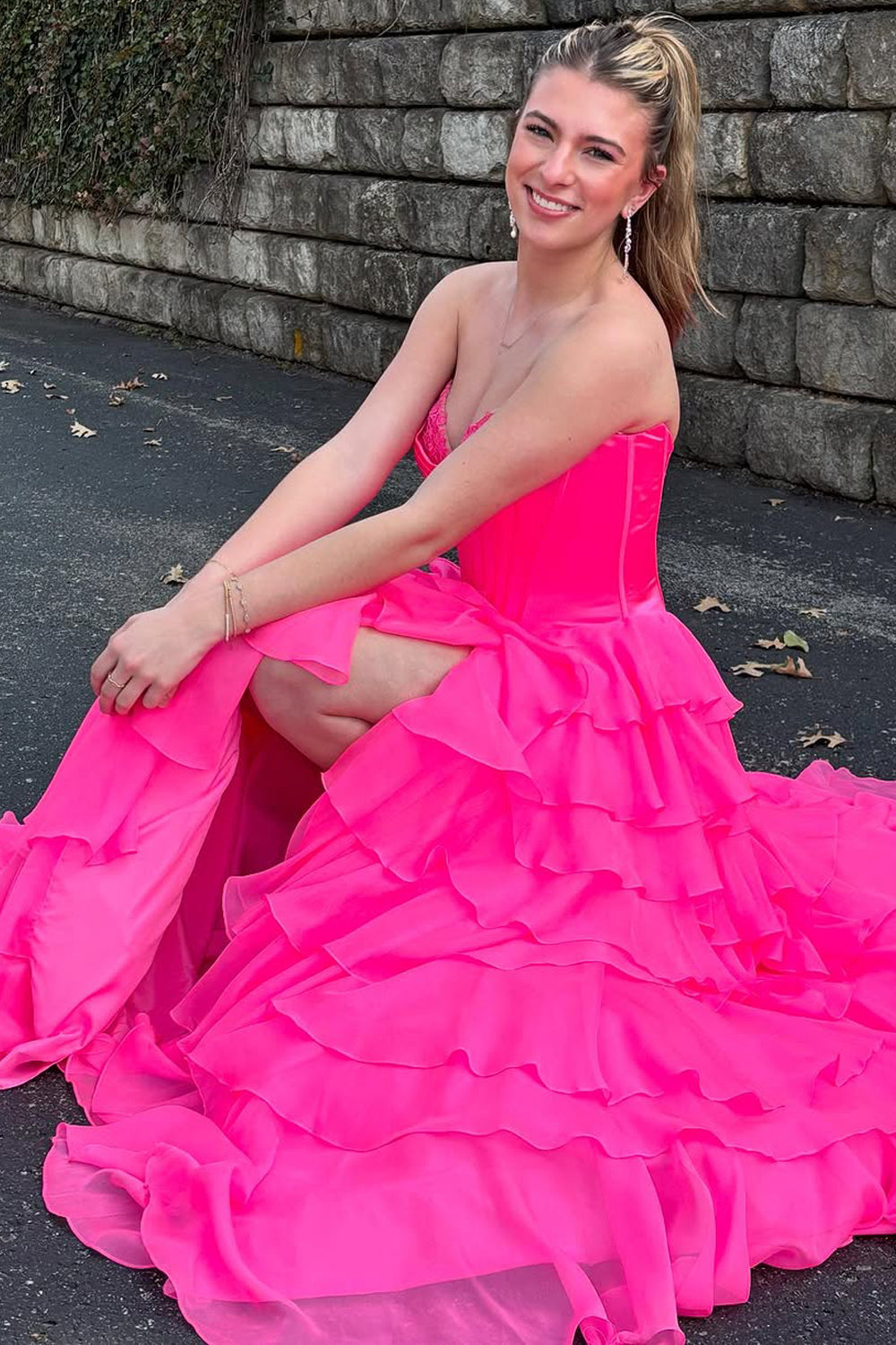 A-Line Strapless Ruffle Tiered Long Prom Dresses with Slit