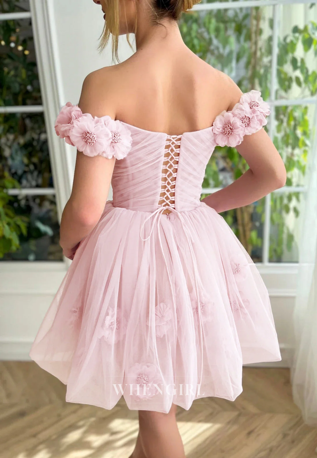 A-Line Off Shoulder Floral Straps Lace Up Short Homecoming Dress