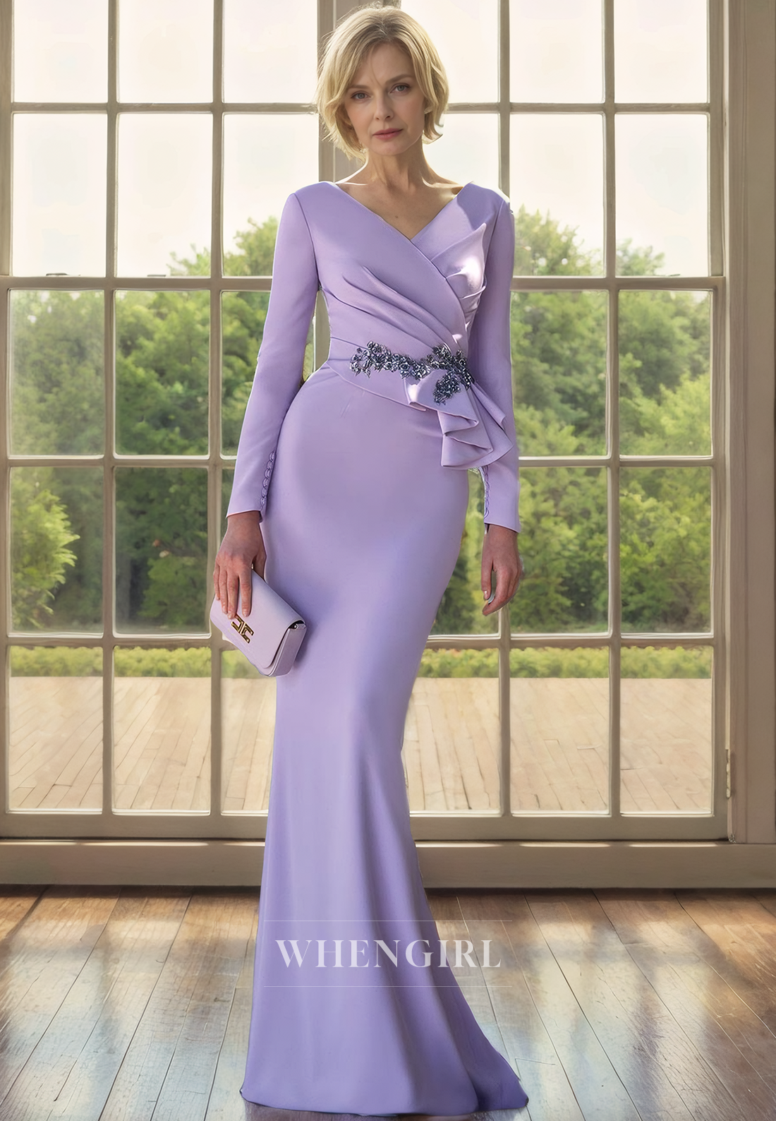 Mermaid V Neck Long Sleeves Pleated Beaded Back Zipper Mother of Bride Dress with Train