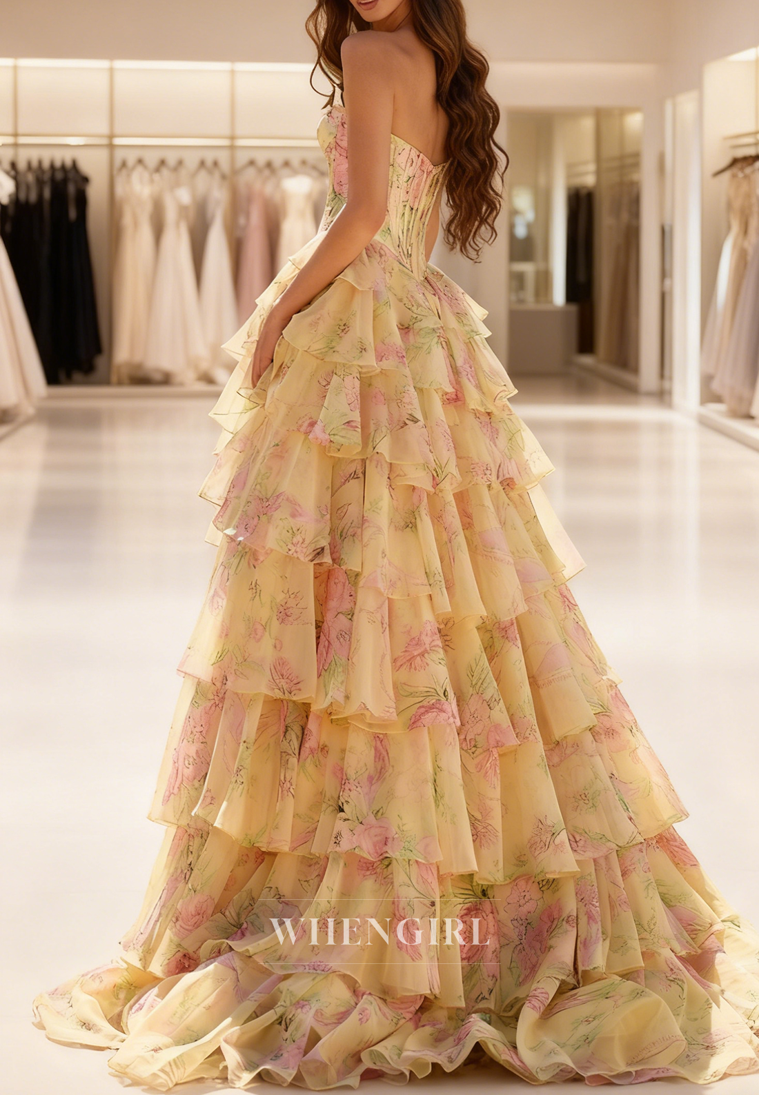 A-Line Strapless Beaded Neckline Multi Tiered Ruffles Floral Side Slit Prom Dress