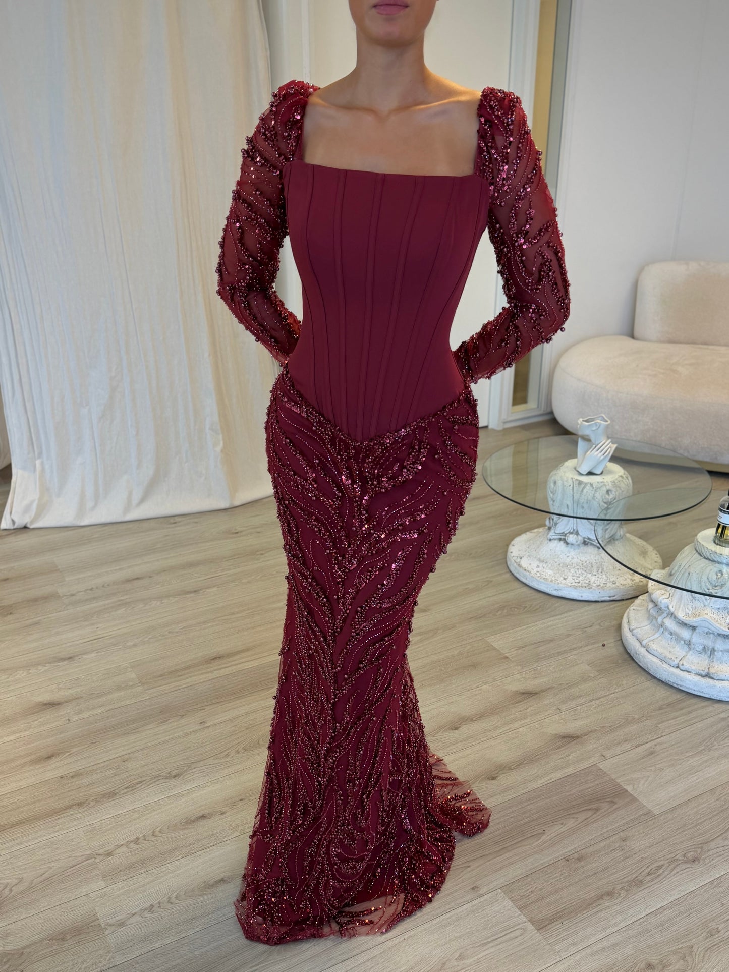 Burgundy Square Neck Long Sleeves Beaded Sheath Evening Dress