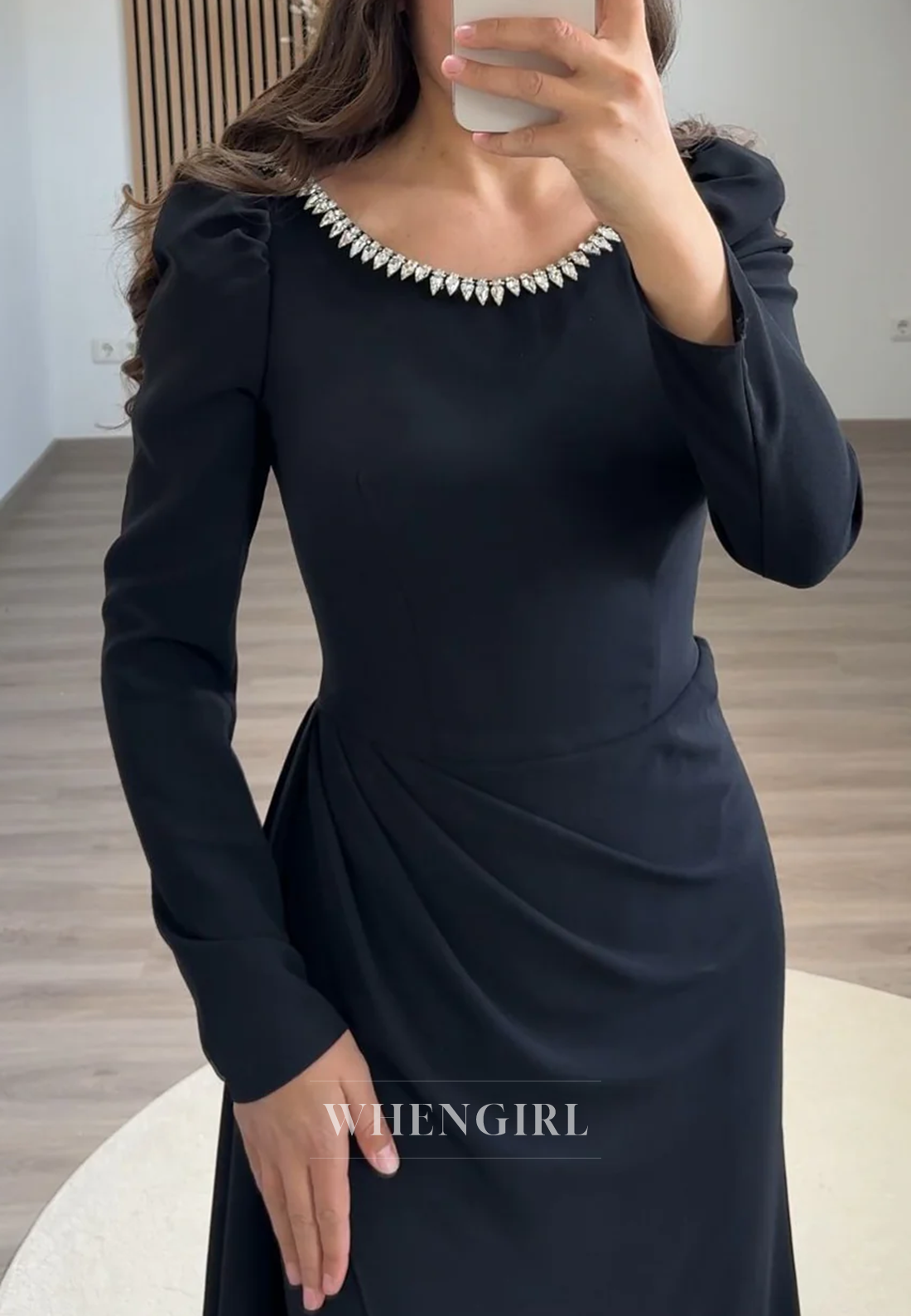 Sheath Beading Scoop Neck Pleated Long Sleeves Sweep Train Formal Party Dress