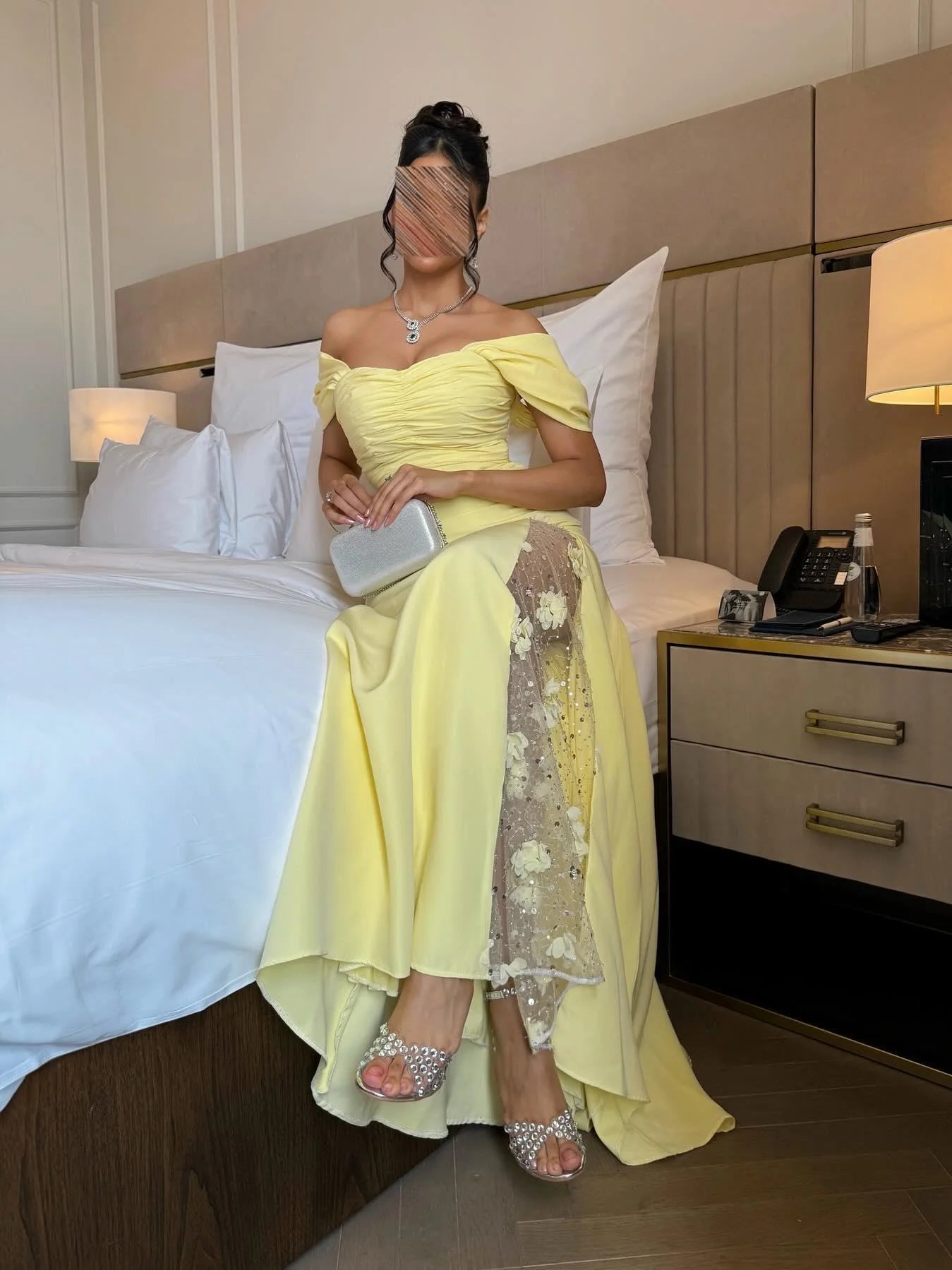Off-Shoulder Long Sleeves Sheath High Slit Floral Ruched Satin Prom Dress with Beads Party Dress