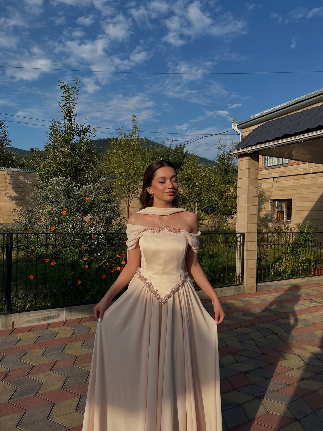 Pleated Off-The-Shoulder Fairytale Beaded Prom Dress With Scarf