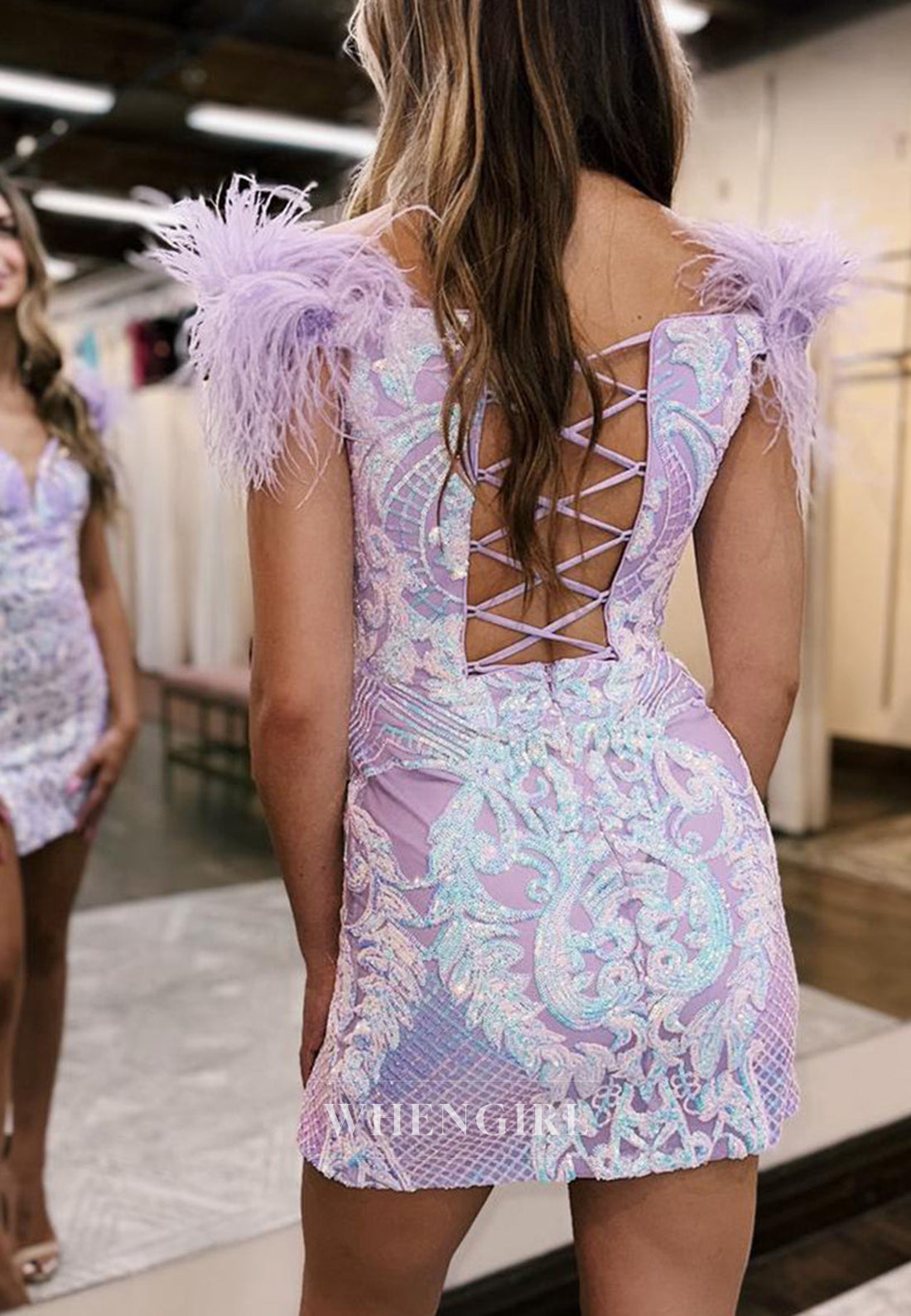 V Neck Beaded Sleveless Feather Side Slit Lace Up Short Sheath Homecoming Dress
