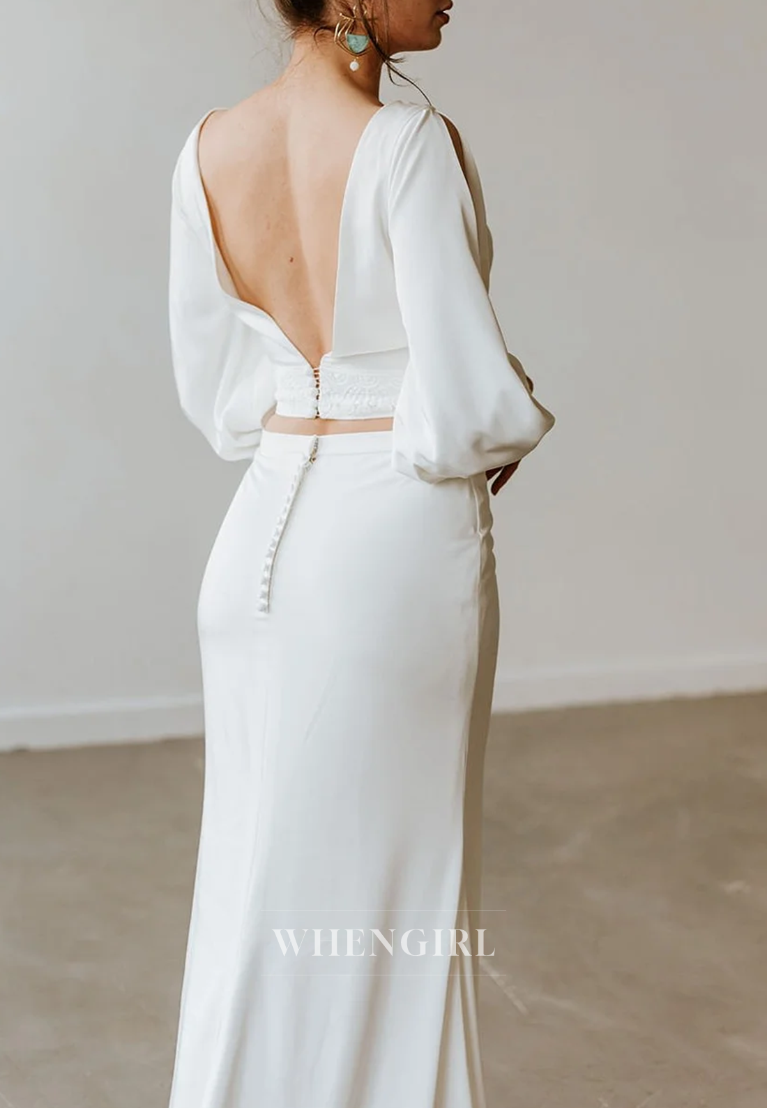 Sheath Simple Bateau Neck Cut Out Long Sleeves Two Pieces V Back with Sweep Train