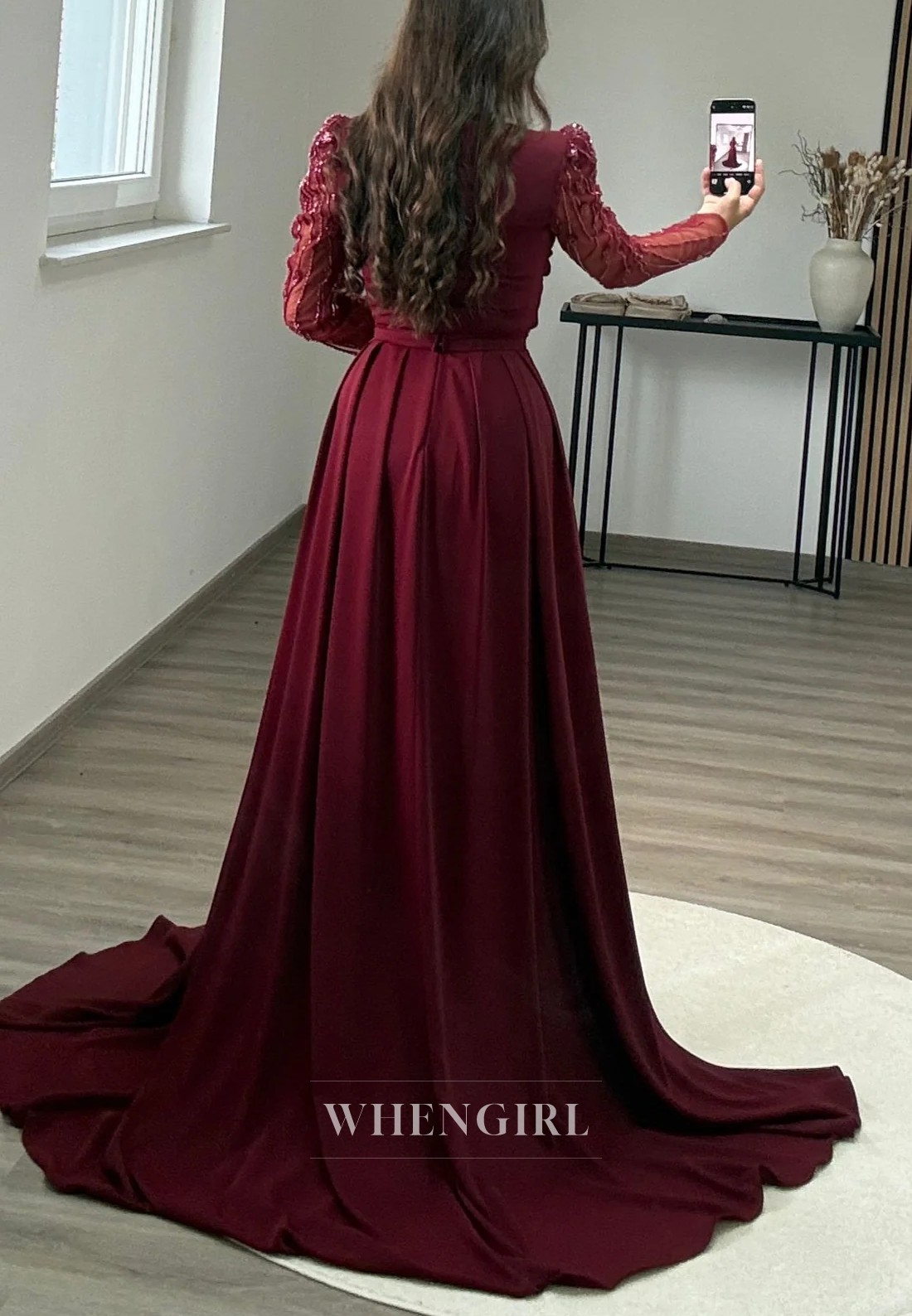 V Neck Pleated Long Sleeves Beaded Sheath Formal Evening Gown with Sweep Train