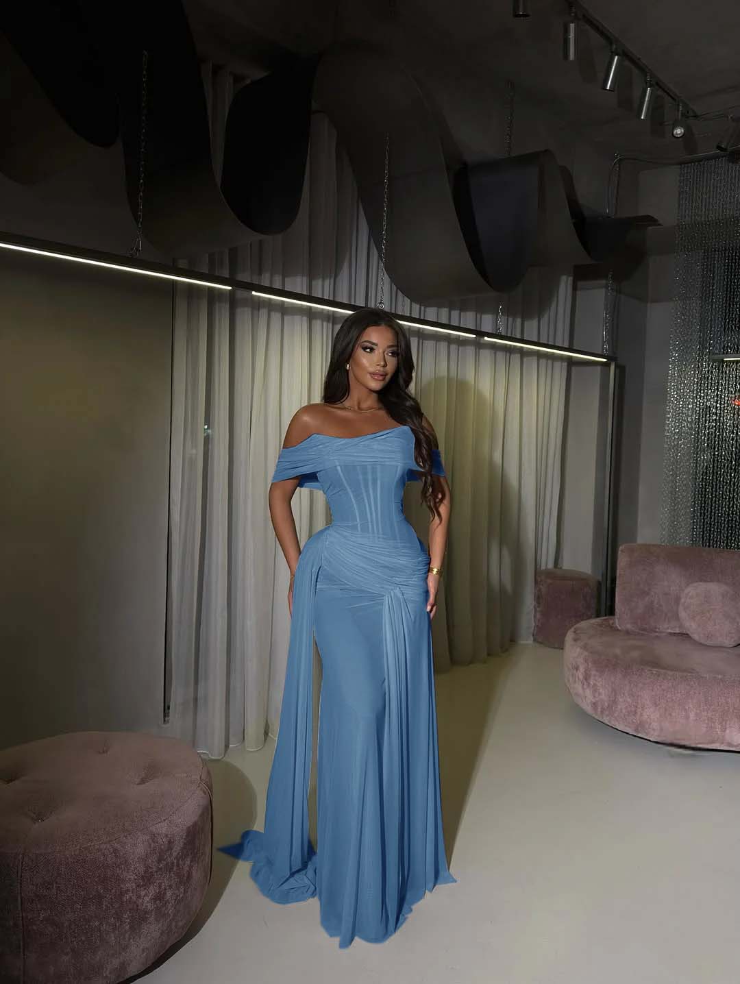 Blushing Pink Romantic Pleated Floor Length Off-The-Shoulder Prom Dress