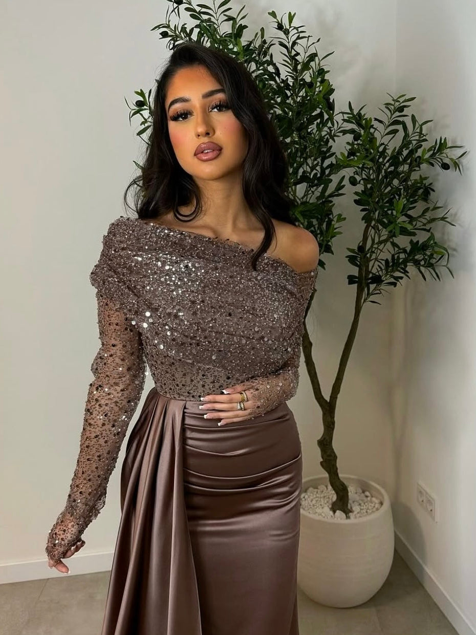 Brown One Shoulder Long Sleeves Sequins Evening Gown