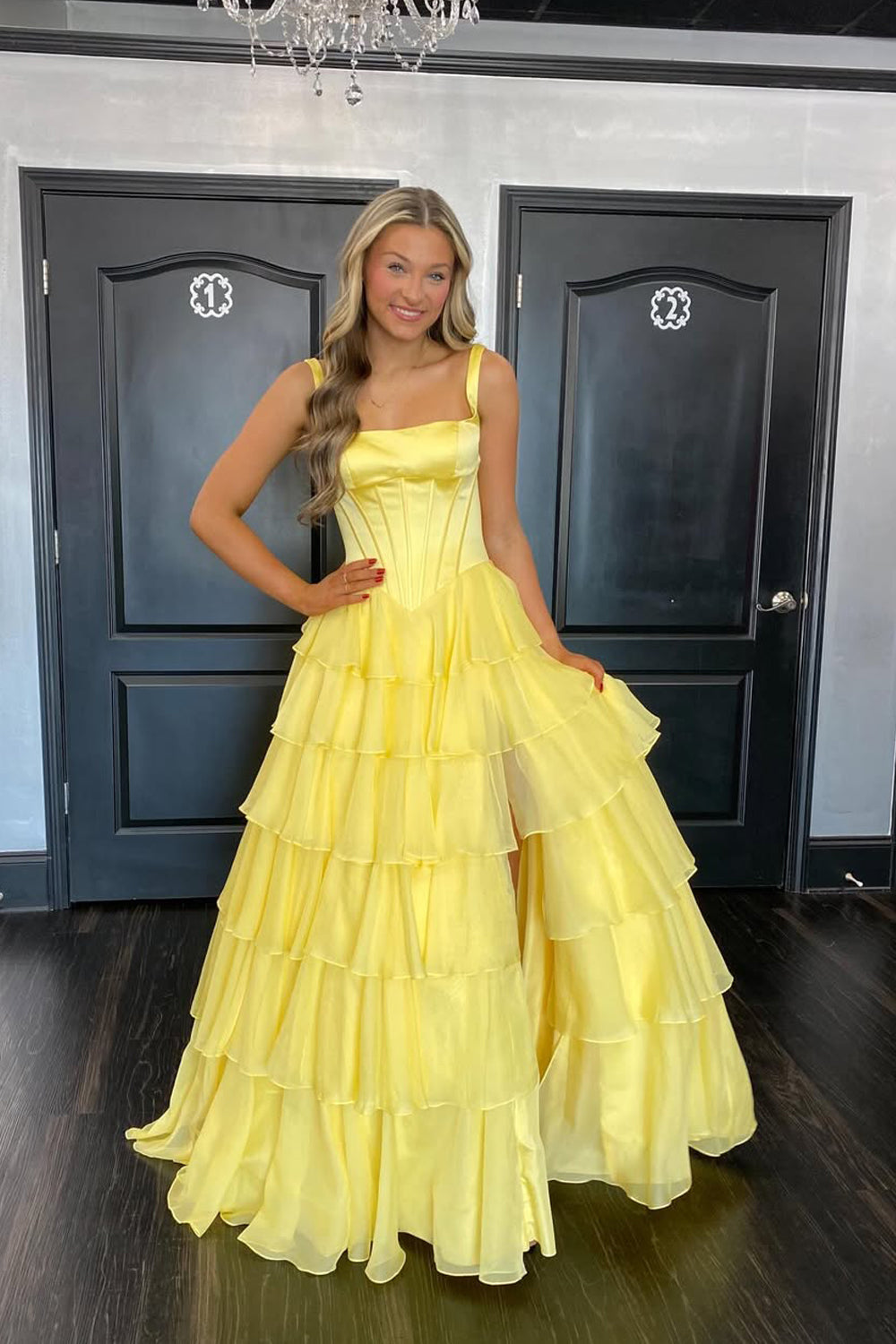 Cute A Line Square Neck Fuchsia Chiffon Long Prom Dress with Slit