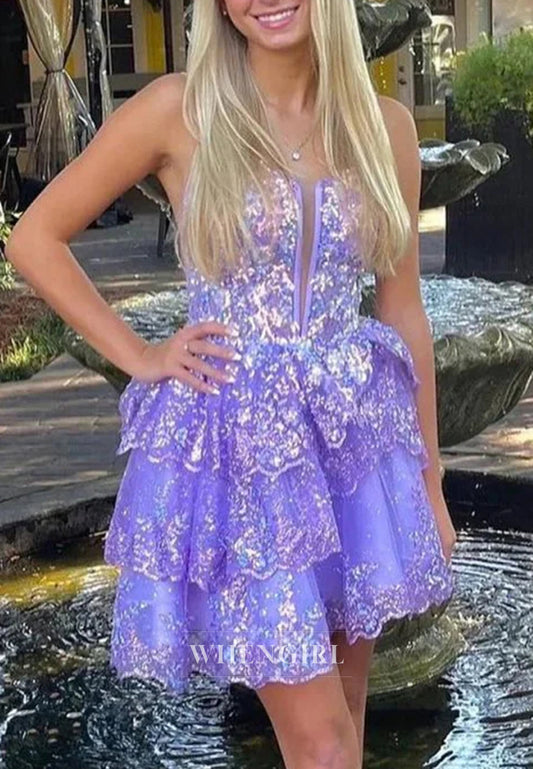 A-Line V Neck Sleeveless Beaded Multi Tiered Short Strapless Homecoming Dress