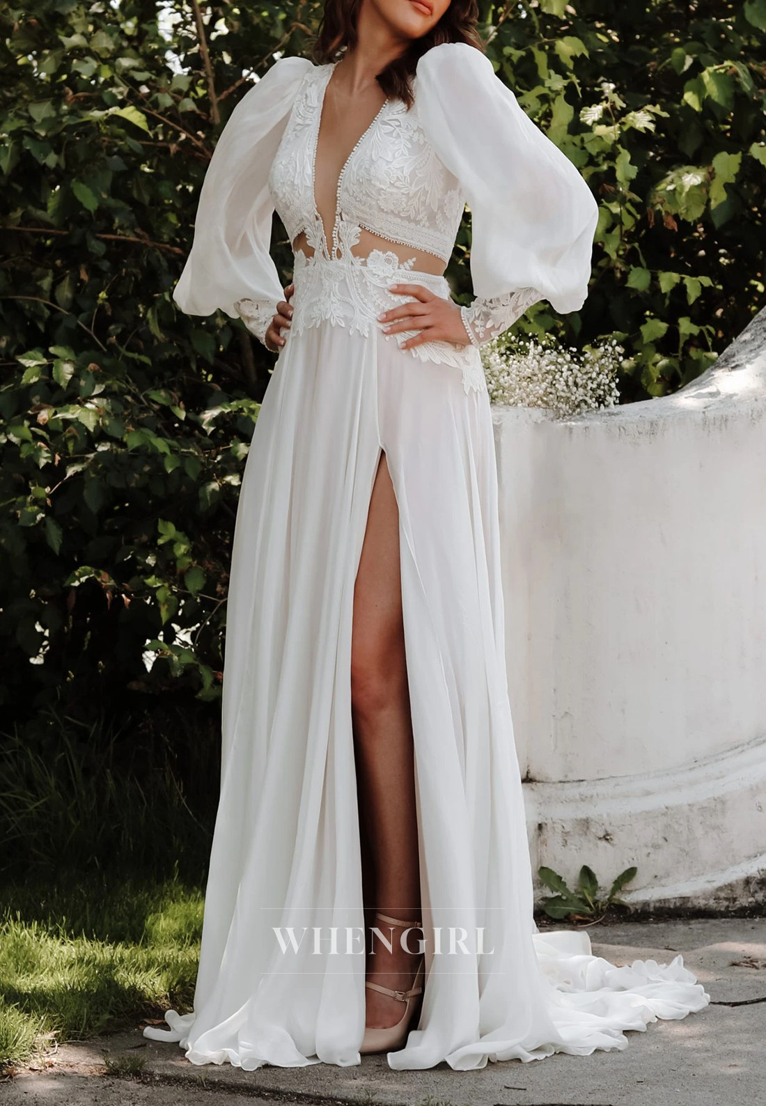 A-Line V Neck Appliqued Lace Long Sleeves Cut Out Side Slit Sweep Train Boho Beach Wedding Dress