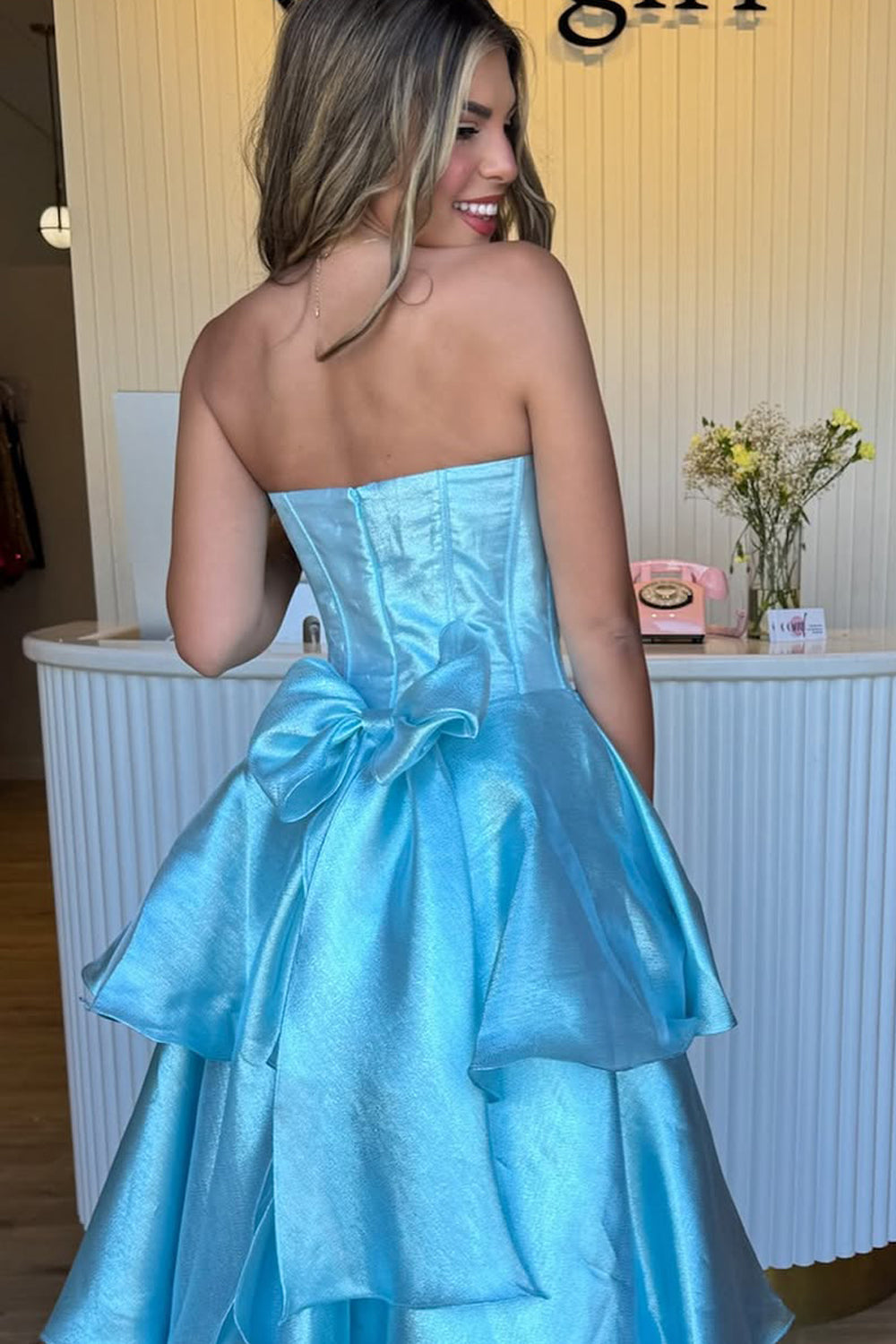 A-Line Strapless Light Blue Ruffle Tiered Long Prom Dresses with Bowknot