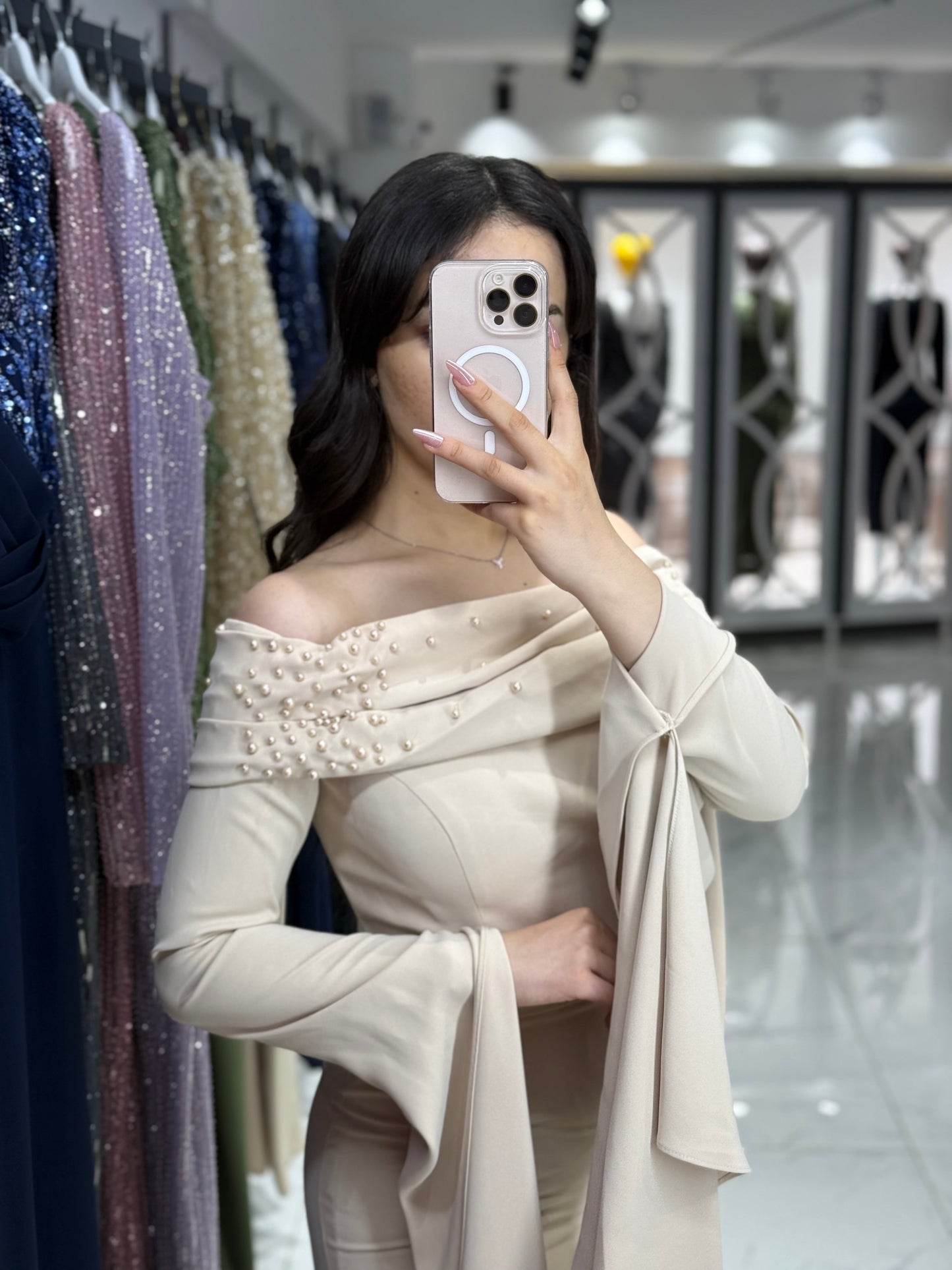 Beige Off Shoulder Long Sleeves Beaded Ruched Evening Dress